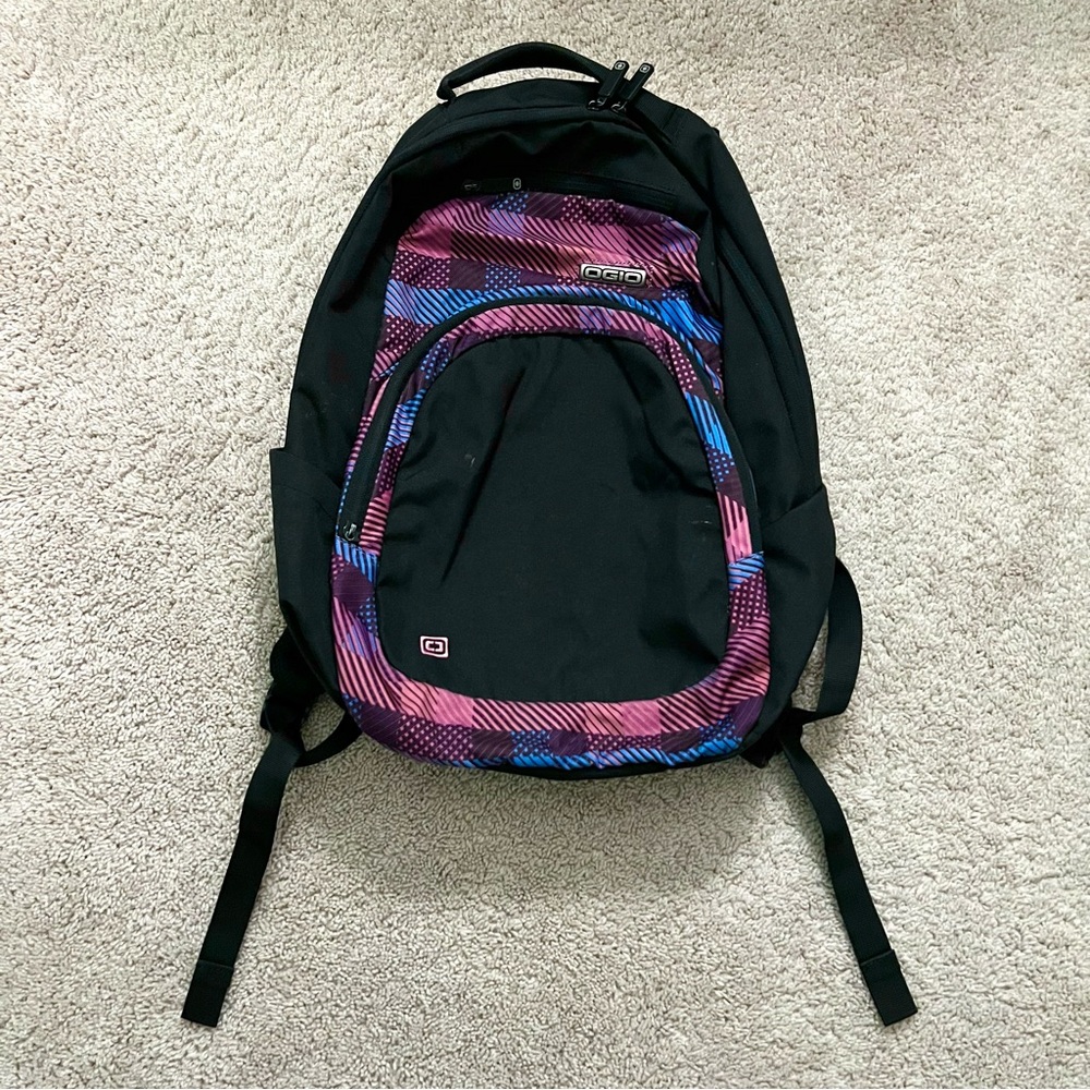 OGIO | Black Full-Size Backpack with Pink, Purple, and Blue Plaid Detail